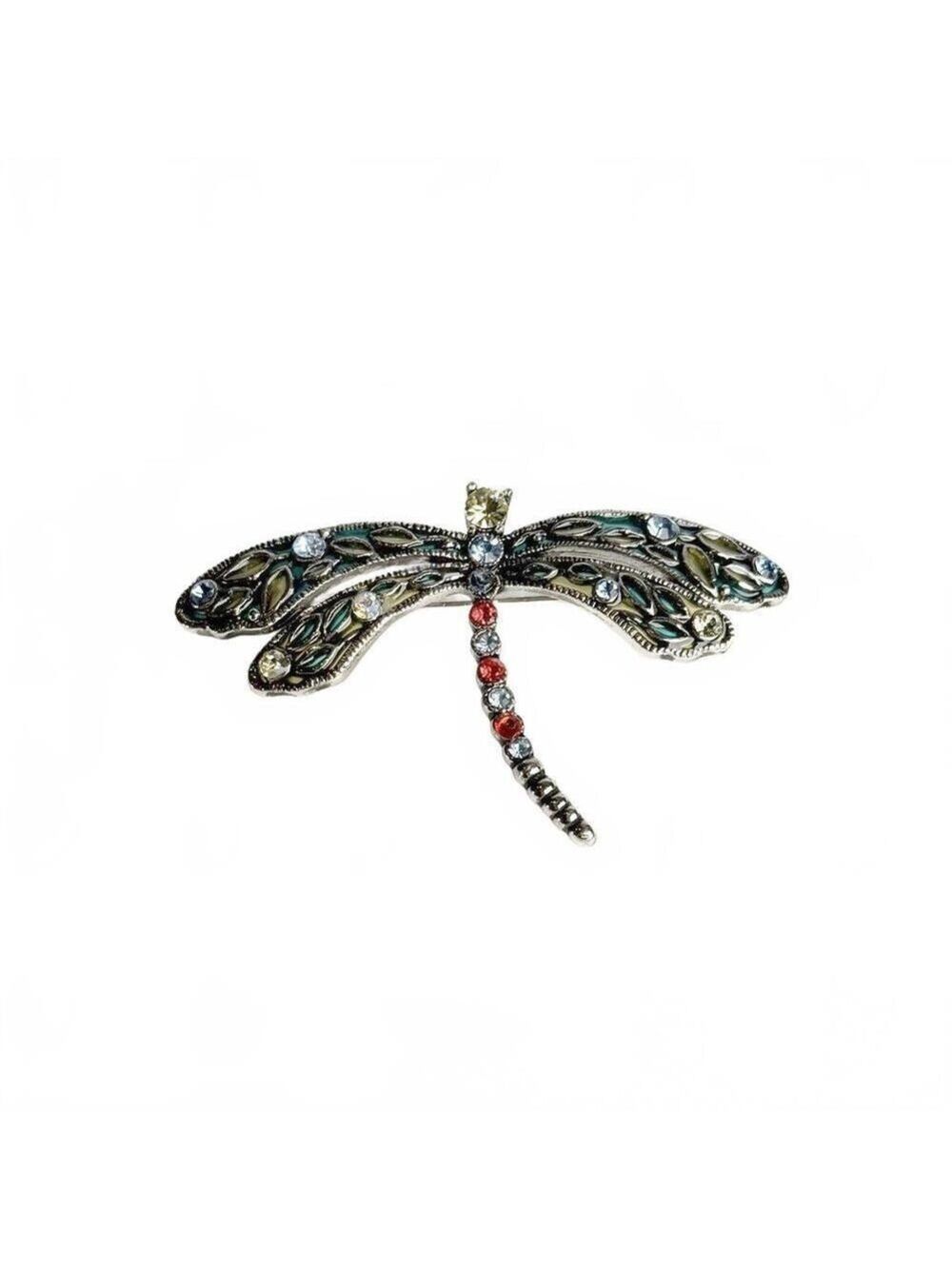 Vintage Dragonfly Brooch Enamel Wings Multicolor Glass Crystal Accent Pin Insect